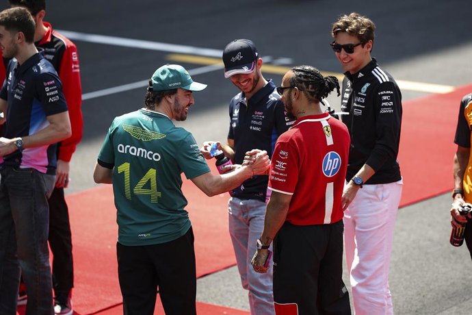 Archivo - ALONSO Fernando (spa), Aston Martin F1 Team AMR25, retrato HAMILTON Lewis (gbr), Scuderia Ferrari SF-25, retrato GASLY Pierre (fra), Alpine F1 Team A525, retrato RUSSELL George (gbr), Mercedes AMG F1 Team W16, retrato durante a Fórmula 1 Ele