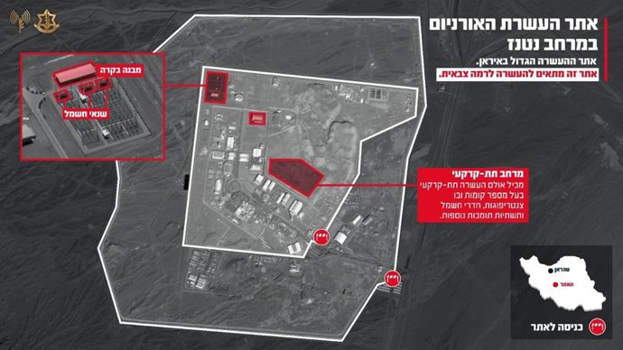 O exército israelense divulga imagens de seu ataque à usina de energia de Natanz, no Irã, em 13 de junho de 2025.