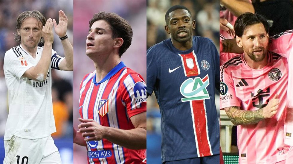 Luka Modric (Real Madrid), Julián Álvarez (Atlético de Madrid), Ousmane Dembélé (PSG) y Leo Messi (Inter Miami).