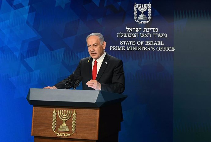 HANDOUT - 22 May 2025, Israel, Jerusalem: Israeli Prime Minister Benjamin Netanyahu speaks during a press conference in Jerusalem. Photo: KHaim Zach/GPO/dpa - ATTENTION: editorial use only and only if the credit mentioned above is referenced in full