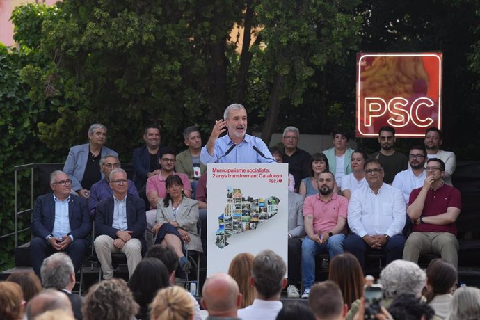 L'alcalde de Barcelona, Jaume Collboni, intervé durant un acte del PSC pels dos anys de mandat municipal, a 13 de juny de 2025, a Barcelona, Catalunya (Espanya).