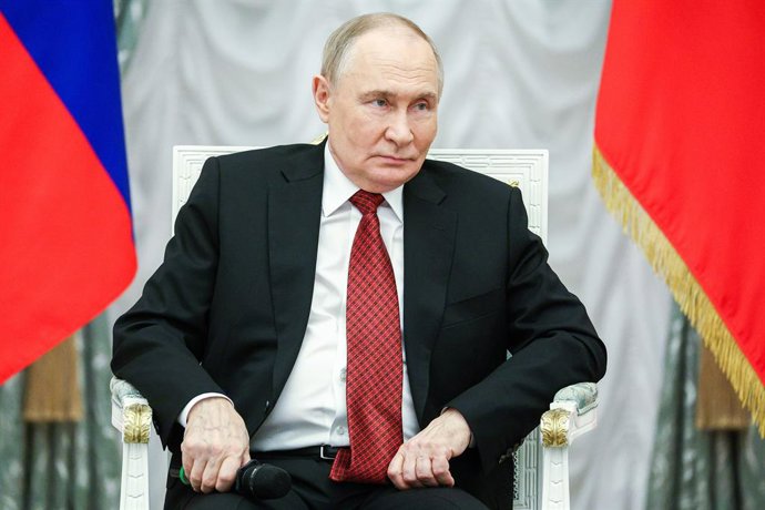 RUSSIA, MOSCOW - JUNE 12, 2025: Russia's President Vladimir Putin is seen during a meeting with Time of Heroes programme participants in the Kremlin