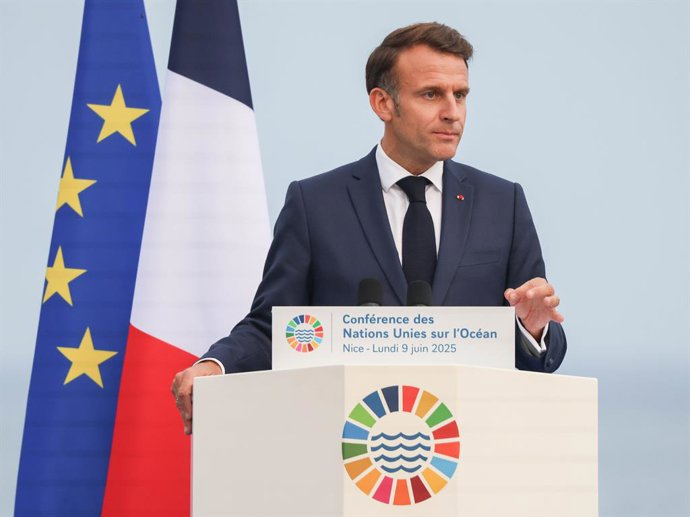 June 10, 2025, Nice, France, France: EMMANUEL MACRON, PRESIDENT OF FRANCE, briefs the press on a rooftop overlooking the sea in Nice during UNOC3, outlining France's stance on ocean governance. He emphasized that multilateralism is essential not only for 