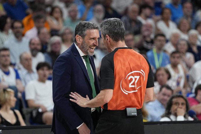 Ibon Navarro, head coach of Unicaja, protests during the Spanish League, Semi-Final second leg of Liga ACB Endesa, basketball match played between Real Madrid and Unicaja Baloncesto at Movistar Arena pavilion on June 13, 2025 in Madrid, Spain.