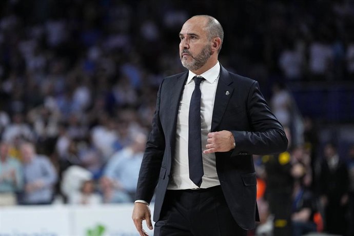 Chus Mateo, head coach of Real Madrid, looks on during the Spanish League, Semi-Final second leg of Liga ACB Endesa, basketball match played between Real Madrid and Unicaja Baloncesto at Movistar Arena pavilion on June 13, 2025 in Madrid, Spain.