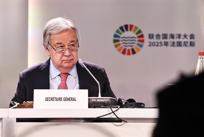 NICE, 9 de junho de 2025 -- O secretário-geral da ONU, Antonio Guterres, participa da sessão de abertura da terceira Conferência das Nações Unidas sobre os Oceanos (UNOC3) em Nice, França, em 9 de junho de 2025. A terceira Conferência das Nações Unidas so