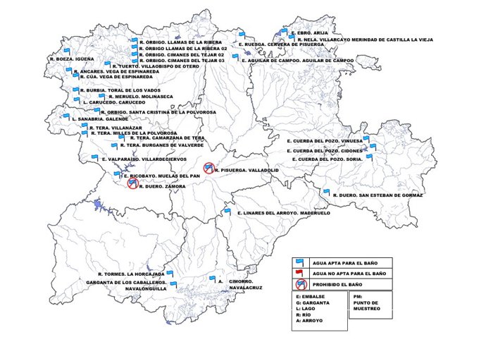Mapa de aptitud de zonas de aguas de baño de Castilla y León.