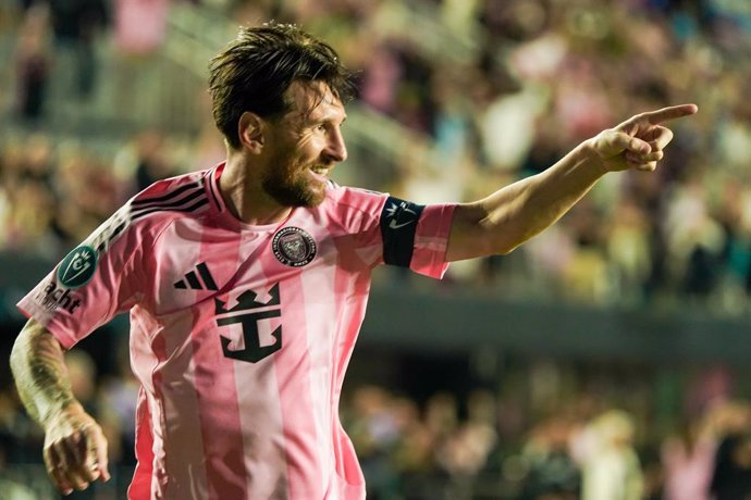 Archivo - 25 February 2025, US, Fort Lauderdale: Inter Miami CF forward Lionel Messi celebrates after scoring a goal during the first half of the 2025 Concacaf Champions Cup second leg match against Sporting Kansas City at Chase Stadium. Photo: Debby Wong