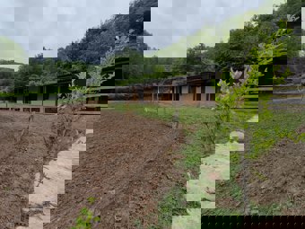 Huerta con los establos al fondo de la granja de l