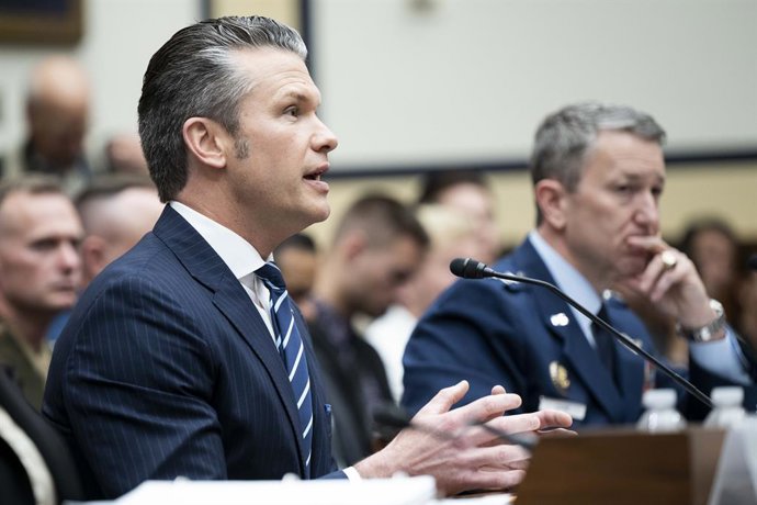 June 12, 2025, Washington, District Of Columbia, USA: U.S. Secretary of Defense PETE HEGSETH, with General DAN CAINE, Chairman of the Joint Chiefs of Staff, Department of Defense, on the right, speaking at a hearing of the House Armed Services Committee a
