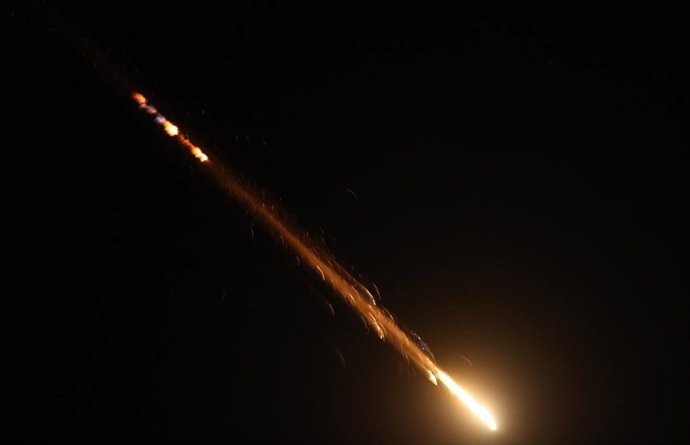 NABLUS, June 14, 2025  -- Missile traces are seen above the city of Nablus in the northern West Bank during Iran's missile attacks against Israel, on June 13, 2025. Israel early Friday launched airstrikes on Iran's capital Tehran and other cities across t
