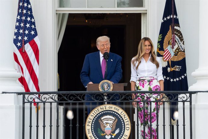 June 12, 2025, Washington, District of Columbia, USA: President Donald Trump delivers remarks from the Blue Room Balcony at the Congressional Picnic, Thursday, June 12, 2025, on the South Lawn of the White House.