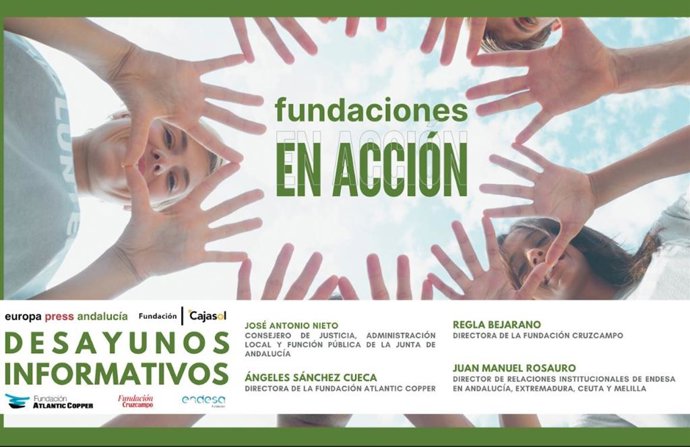 Cartel anunciador del desayuno informativo de Europa Press Andalucía bajo el lema 'Fundaciones en Acción' con el consejero de Justicia de la Junta, José Antonio Nieto, en Sevilla el 16 de junio