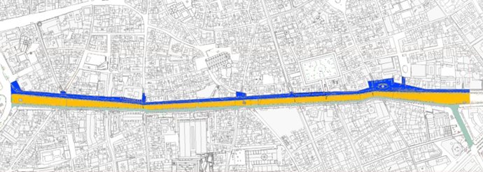 En azul la fase 1 (lado Gòtic), en verde la fase 2 que empieza ahora (lado Raval) y en amarillo el paseo central