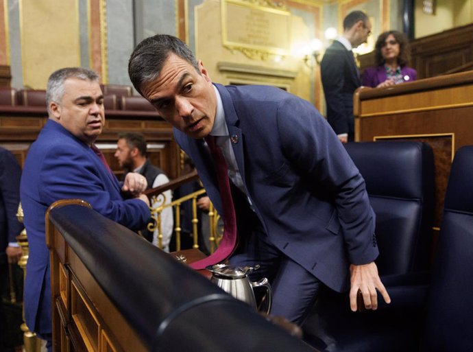 Archivo - El secretario de organización del PSOE, Santos Cerdán (i) y el presidente del Gobierno, Pedro Sánchez (d), a su llegada a una sesión plenaria en el Congreso de los Diputados, a 19 de abril de 2023, en Madrid (España). Durante el pleno del Congre