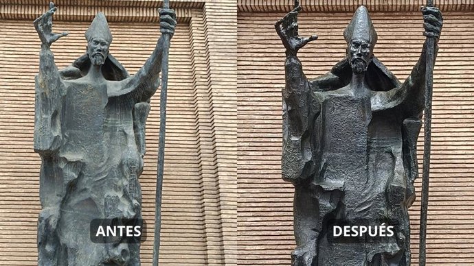 Montaje fotográfico con el antes y el después mejorado de la escultura de San Valero tras su restauración.