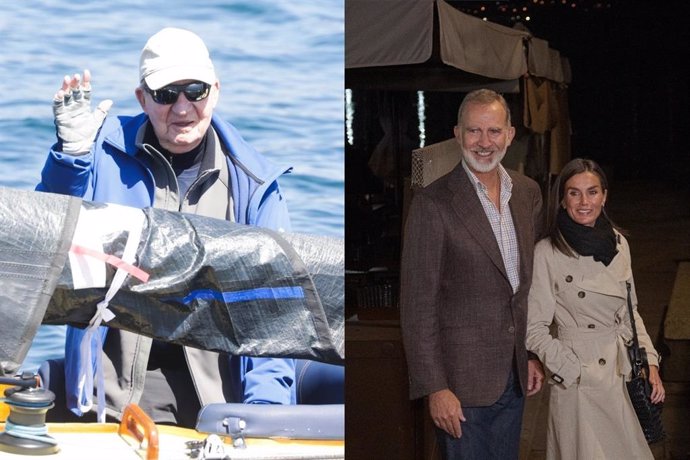 Juan Carlos I durante una regata en Sanxenxo y los Reyes, Felipe VI y Letizia, en una visita a Combarro (Pontevedra).