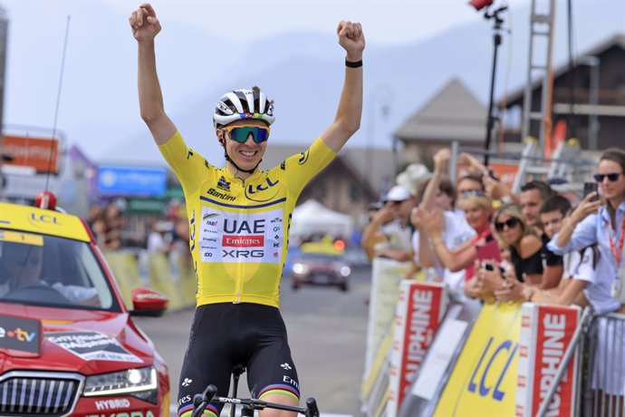 Tadej POGACAR, UAE Team Emirates - XRG, winner stage, yellow jersey, during the Critérium du Dauphiné 2025, Cycling event, Stage 7, Grand-Aigueblanche > Valmeinier 1800 (131,6 Km) on 14 June 2025 in Valmeinier, France - Photo Stefano Cavasino / DPPI