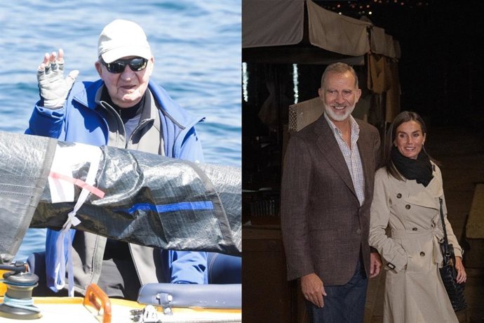 Juan Carlos I durante unha regata en Sanxenxo e os Reyes, Felipe VIN e Letizia, nunha visita a Combarro (Pontevedra).
