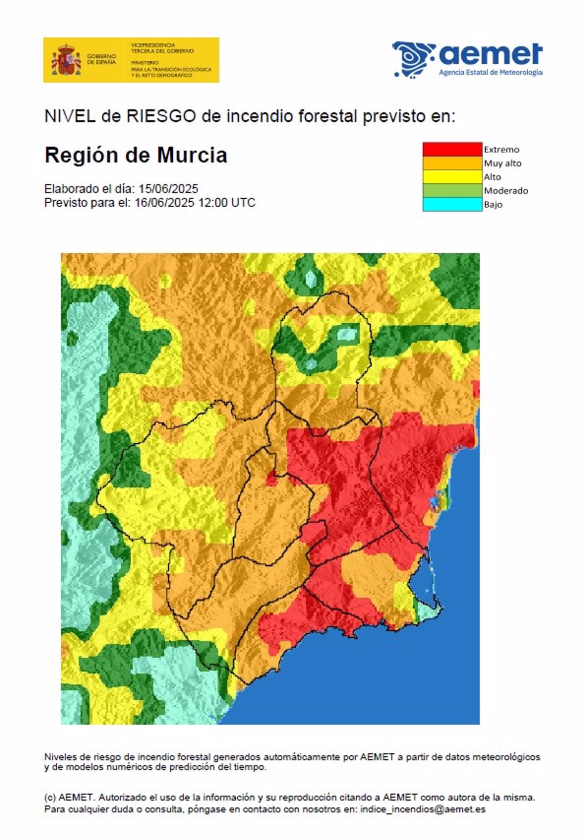 El nivel de riesgo de incendio forestal es extremo en el litoral oeste y Vega Alta-Ricote-Murcia
