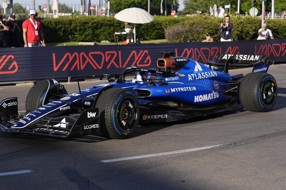 Carlos Sainz in action during an exhibition with Williams at the future Madring F1 circuit on June 07, 2025 in Madrid, Spain.