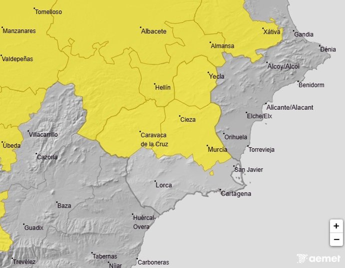 Mapa que muestra los avisos activos en la Región de Murcia