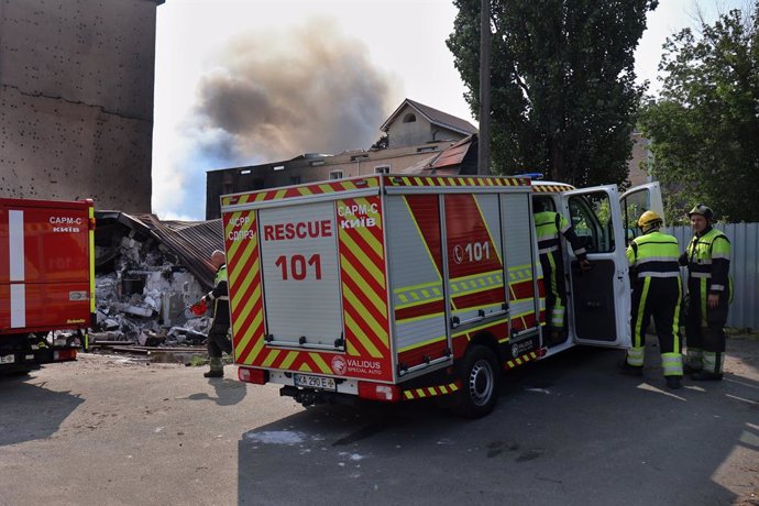 June 10, 2025, Kyiv, Ukraine: Firefighters work at the site of a Russian drone strike amidst Russia's attack. Russia carried out ''massive'' drone attacks on Ukraine's capital and port city of Odesa killing one person and hitting a maternity hospital, Ukr
