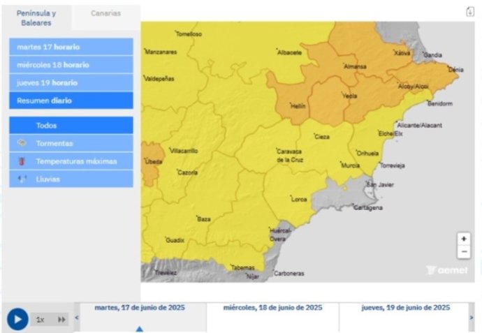 Mapa que muestra los avisos meteorológicos activos en la Región