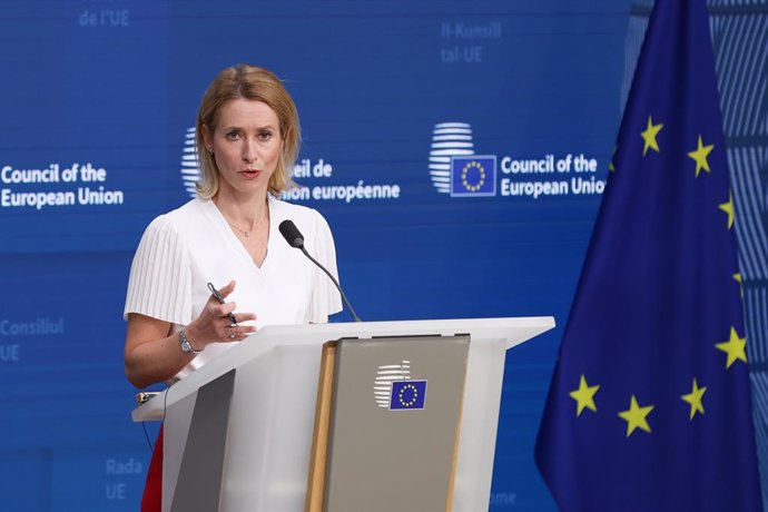 La Alta Representante de la UE, Kaja Kallas, tras la reunión por videoconferencia de los ministros de Exteriores de la UE.