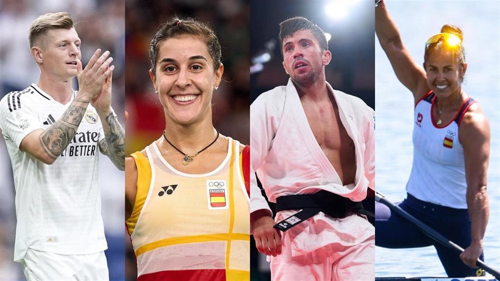 El exfutbolista alemán Toni Kroos, la jugadora de bádminton Carolina Marín, el judoca Fran Garrigós y la piragüista Maria Corbera.