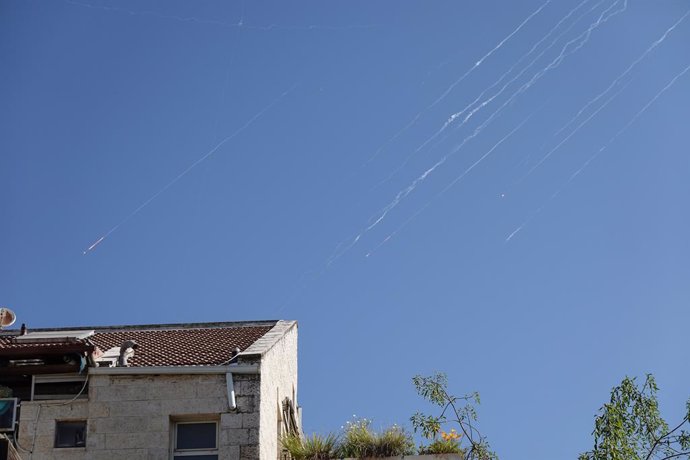 June 17, 2025, Jerusalem, Israel: A barrage of missiles fired at Israel from Iran is intercepted in the airspace above Jerusalem.