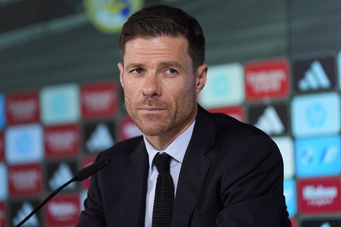 Xabi Alonso attends the press conference during his presentation as new head coach of Real Madrid at Ciudad Deportiva Real Madrid on May 26, 2025, in Valdebebas, Madrid, Spain.