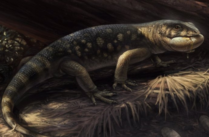Reconstrucción artística de Bolg amondol, representado asaltando un nido de dinosaurio oviraptorosaurio en medio del exuberante hábitat de la Formación Kaiparowits.