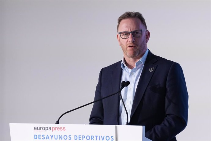 Alain Gilpin, CEO of World Rugby, during the Desayunos Deportivos Europa Press with Alain Gilpin, CEO of World Rugby, and Juan Carlos Martin, President of the Royal Spanish Rugby Federation, at Campus Camilo Jose Cela on June 18, 2025 in Madrid, Spain.