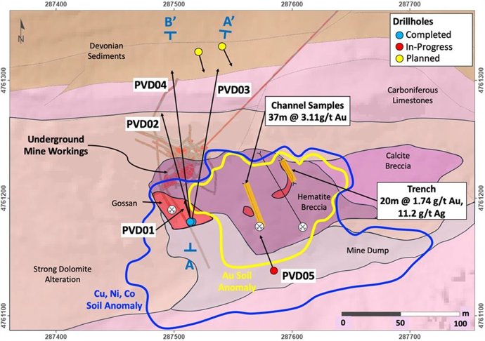 Figure 1 - Cármenes Project: Providencia Target - geology map showing the historical mine workings, drillholes and cross-section locations (A-A’ - Figure 2; B-B’ - Figure 3)