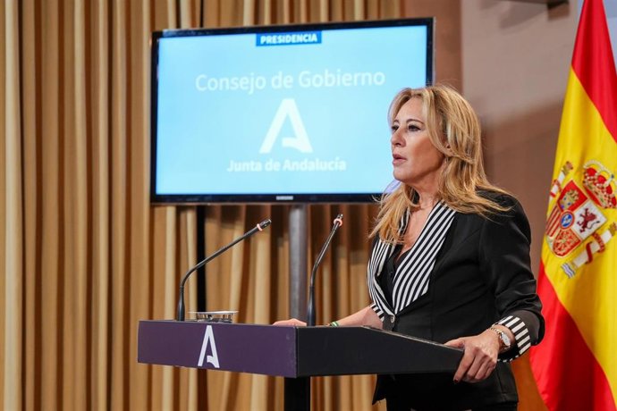 La consejera de Economía y portavoz del Gobierno, Carolina España, este miércoles en la rueda de prensa posterior del Consejo de Gobierno.