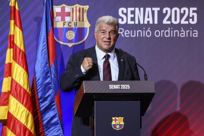 El presidente del FC Barcelona, Joan Laporta, en su discurso ante el Senado del club el 18 de junio de 2025