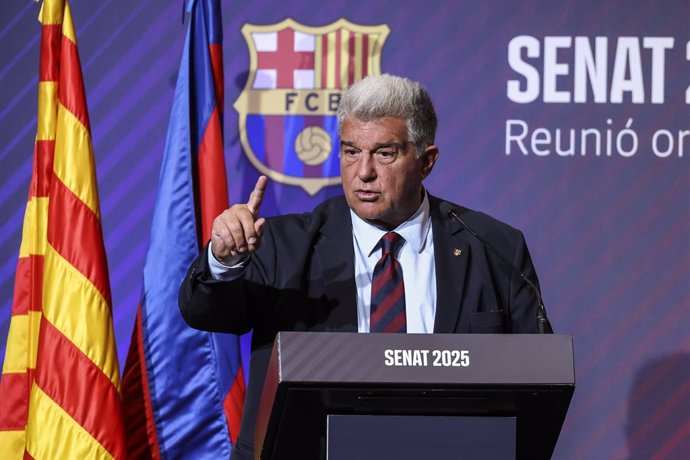 El presidente del FC Barcelona, Joan Laporta, en su discurso ante el Senado del club el 18 de junio de 2025