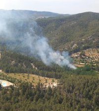Bomberos trabajan en la extinción de un incendio forestal en Alcoi (Alicante) que afecta unos 2.500m2