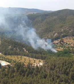 Bomberos trabajan en la extinción de un incendio forestal en Alcoi (Alicante) que afecta a 2,5 hectáreas
