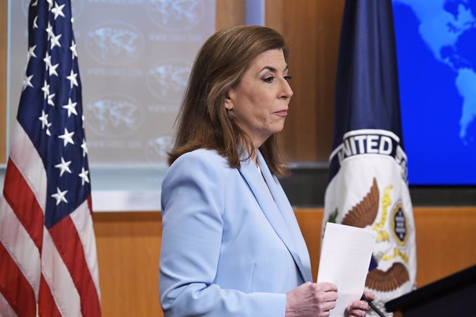 February 14, 2025, Washington, Dc, United States: US Department of State Press Speaker, Tammy Bruce arrives to talk about Iran, Hamas and Israel conflicts during a press briefing at the Press Room/Department of State.