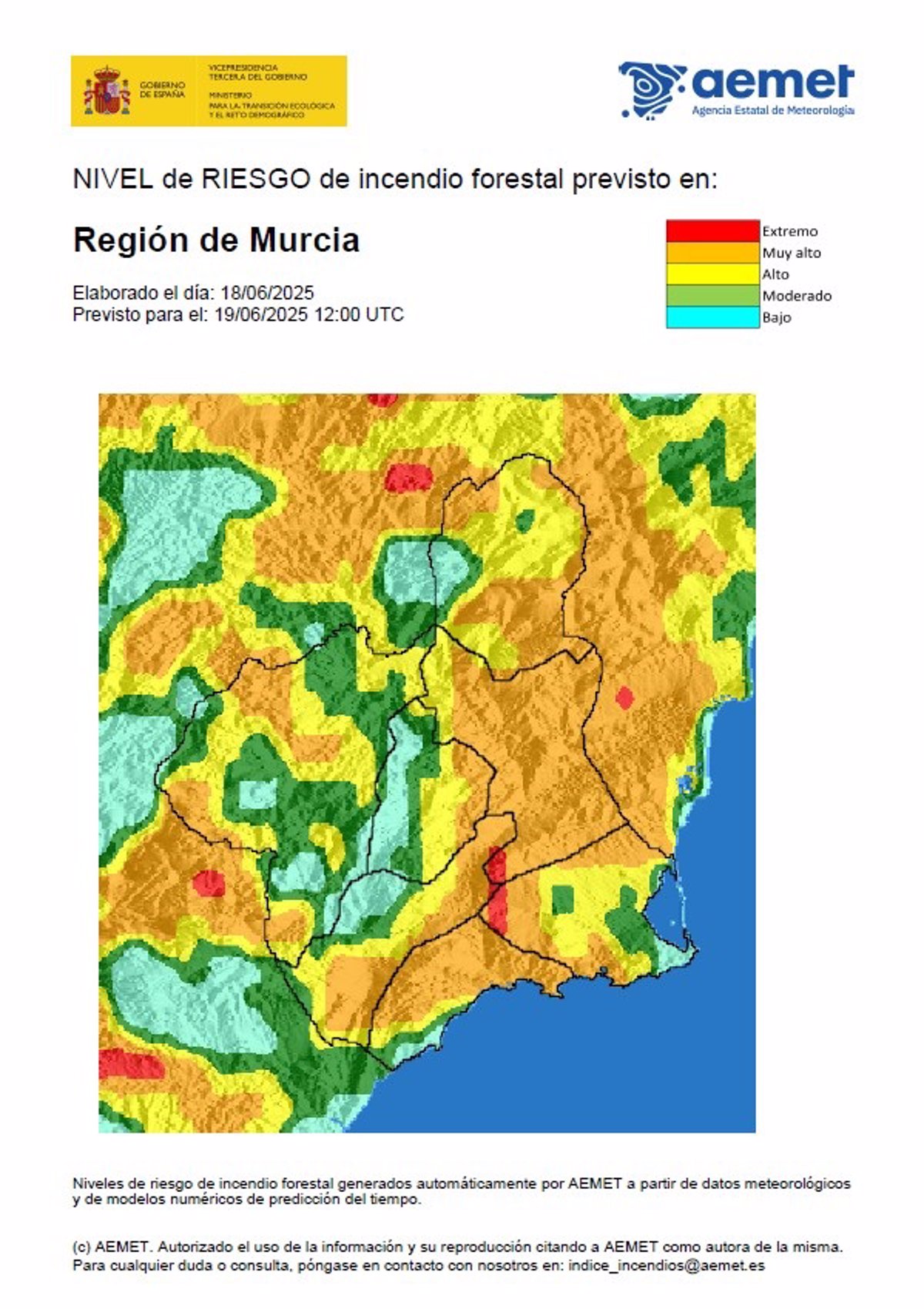 El nivel de riesgo de incendio forestal es muy alto en el litoral oeste y Vega Alta-Ricote-Murcia este jueves