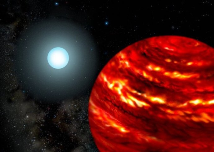 Interpretación artística de un posible sistema exoplanetario con un planeta gaseoso gigante orbitando cerca de su estrella progenitora la cual es más masiva que nuestro Sol.
