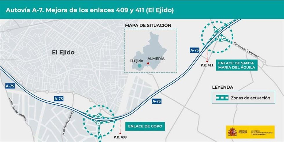 Mapa de actuaciones en dos enlaces de la A-7 en El Ejido (Almería).