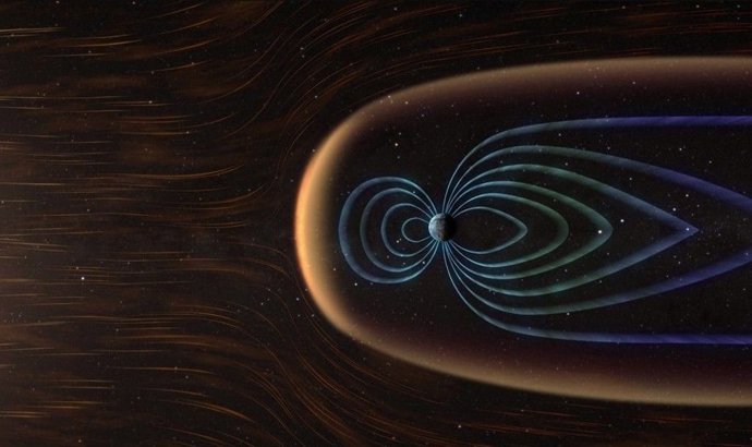 El viento solar fluye alrededor del campo magnético de la Tierra.