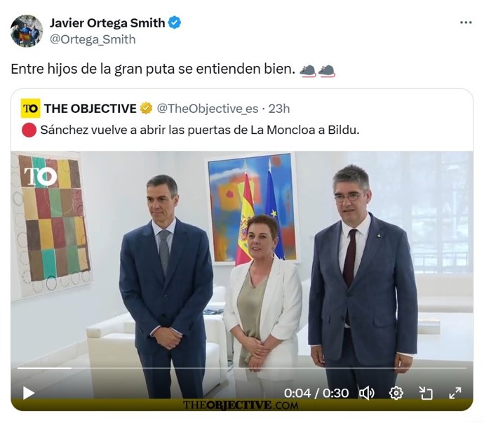Mensagem de Ortega-Smith na rede social X insuktabndo al presidente del Gobierno