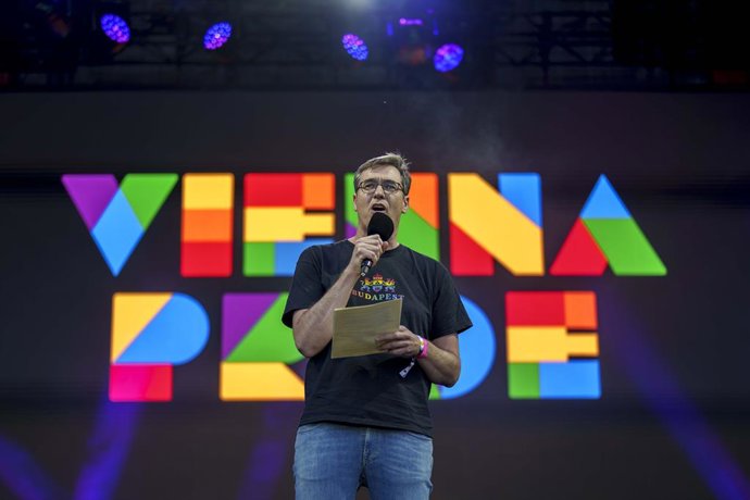 June 14, 2025, Vienna, Vienna, Austria: Mayor of Budapest, GERGELY KARÁCSONY speaks following the 29. Vienna Pride parade, taking place on Vienna's famous Ringstrasse..The mayor of Hungary's capital was invited to speak as Budapest pride parade was recent