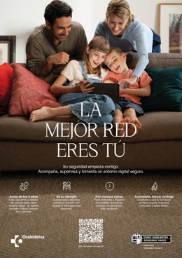 Cartel de la campaña del Departamento de Salud para sensibiliar a las familias sobre el uso de pantallas e internet.
