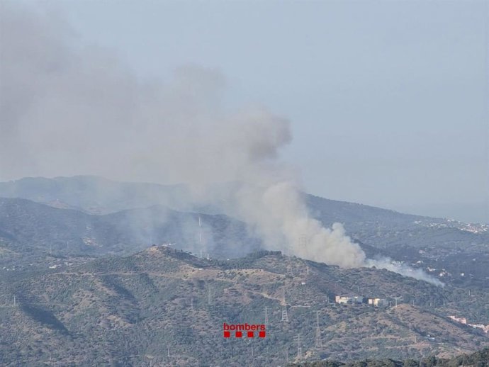 Los Bombers de la Generalitat trabajan en la extinción de un incendio en una zona de bosque de Santa Coloma de Gramenet (Barcelona)