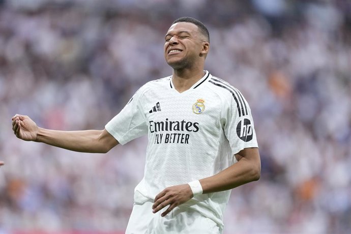 Kylian Mbappe of Real Madrid laments during the Spanish League, LaLiga EA Sports, football match played between Real Madrid and Real Sociedad on May 24, 2025, in Madrid, Spain.